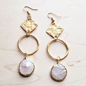 Brushed Golden Freshwater Pearl Drop Earrings